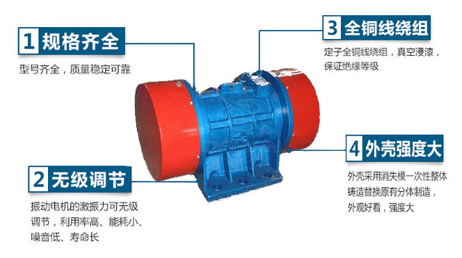 VB振動(dòng)電機(jī)特點(diǎn)：1，規(guī)格齊全：型號齊全，質(zhì)量穩(wěn)定可靠。2，無極調(diào)節(jié)：振動(dòng)電機(jī)的激振力可無極調(diào)節(jié)，利用率高，能耗小，噪音低，壽命長。4，外殼輕度大：外殼采用消失模一次性整體鑄造替換原有分體制造，外觀好看，強(qiáng)度大。