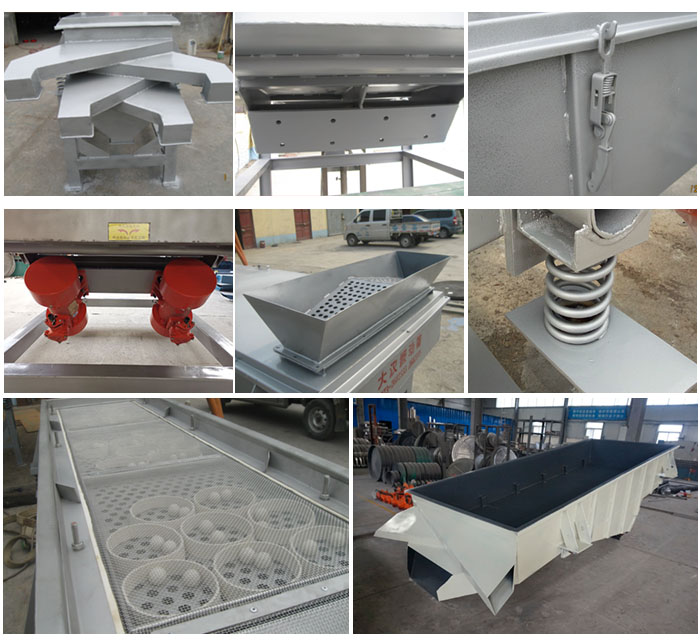多層直線振動篩由進料口,底座,振動電機,篩網(wǎng),篩框,彈簧,出料口等組成。