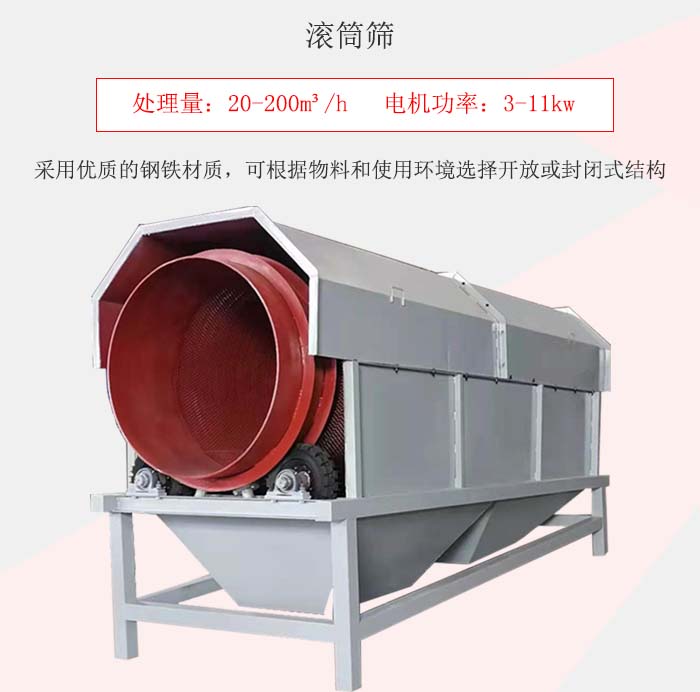 滾筒篩采用優(yōu)質(zhì)的鋼鐵材質(zhì)，可根據(jù)物料和使用環(huán)境選擇開放或封閉式結構