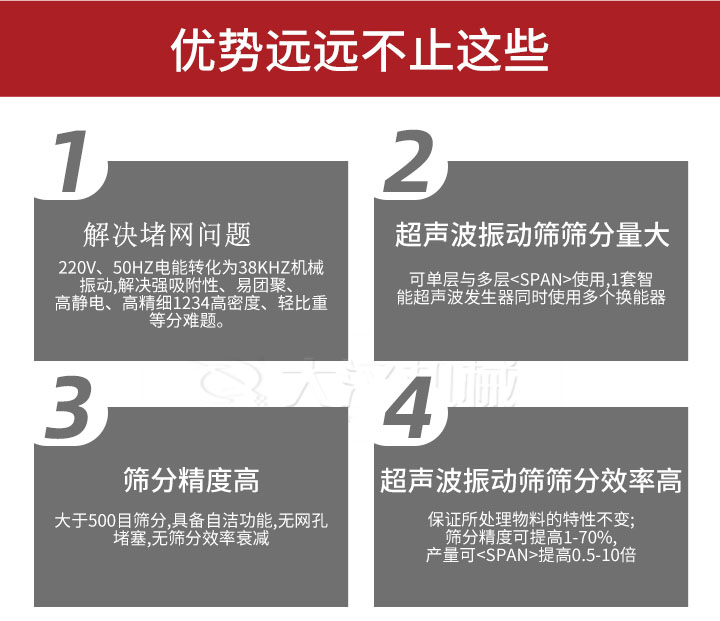 超聲波振動(dòng)篩優(yōu)勢(shì)：1，高效解決堵網(wǎng)問題220V，50HZ電能轉(zhuǎn)化為38KHZ機(jī)械振動(dòng)，解決強(qiáng)吸附性，易團(tuán)聚，高靜電，高精細(xì)1234高密度，輕比重等難題。2，超聲振動(dòng)篩篩分量大：可單層與多層使用1套只能超聲波發(fā)生器同時(shí)使用多個(gè)換能器。3，適合大于500目篩分，具備自潔功能，無網(wǎng)孔堵塞，無篩分效率衰減。4，超聲波振動(dòng)篩篩分效率高：保證所處理物料的特性不變，篩分精度可提高1-70%。