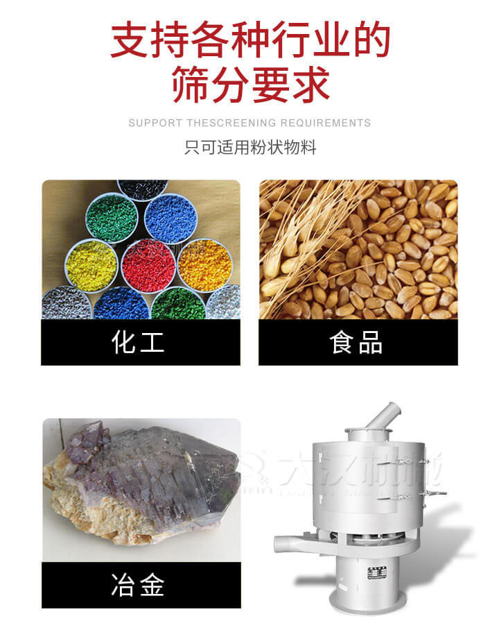 氣流篩用于礦粉，石墨粉，活性納米碳酸鈣，鋁灰，大豆粉，碳酸重鈣，石墨粉，木粉，干草，重金石粉，藥粉末，橡膠顆粒，草酸鹽，干料粉，木粉，聚酯粉，干粉，塑料，金屬粉末，橡膠粉，粉煤灰，石墨粉，陶瓷粉，鋅粉，石英粉，石灰粉，鐵粉，金屬硅粉等。
