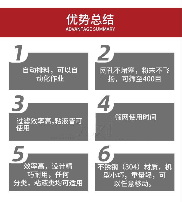 過濾篩優(yōu)勢(shì)總結(jié)：1，自動(dòng)排料，可以自動(dòng)化作用。2，網(wǎng)孔不堵塞，粉塵不飛揚(yáng)，可篩至400目。3，過濾效率高，任何粒，粉，粘液也可使用。4，篩網(wǎng)設(shè)計(jì)大大提高了篩網(wǎng)使用時(shí)間，也魏換網(wǎng)提高了方便。5，效率高，設(shè)計(jì)精巧耐用，任何分類設(shè)計(jì)精巧耐用，任何分類，粘液類均可適用。6，不銹鋼材質(zhì)機(jī)型小巧，重量輕，可以任意移動(dòng)。