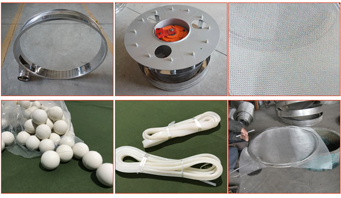 800型全不銹鋼振動(dòng)篩配件有：振動(dòng)篩篩框，電機(jī)，不銹鋼篩網(wǎng)等。