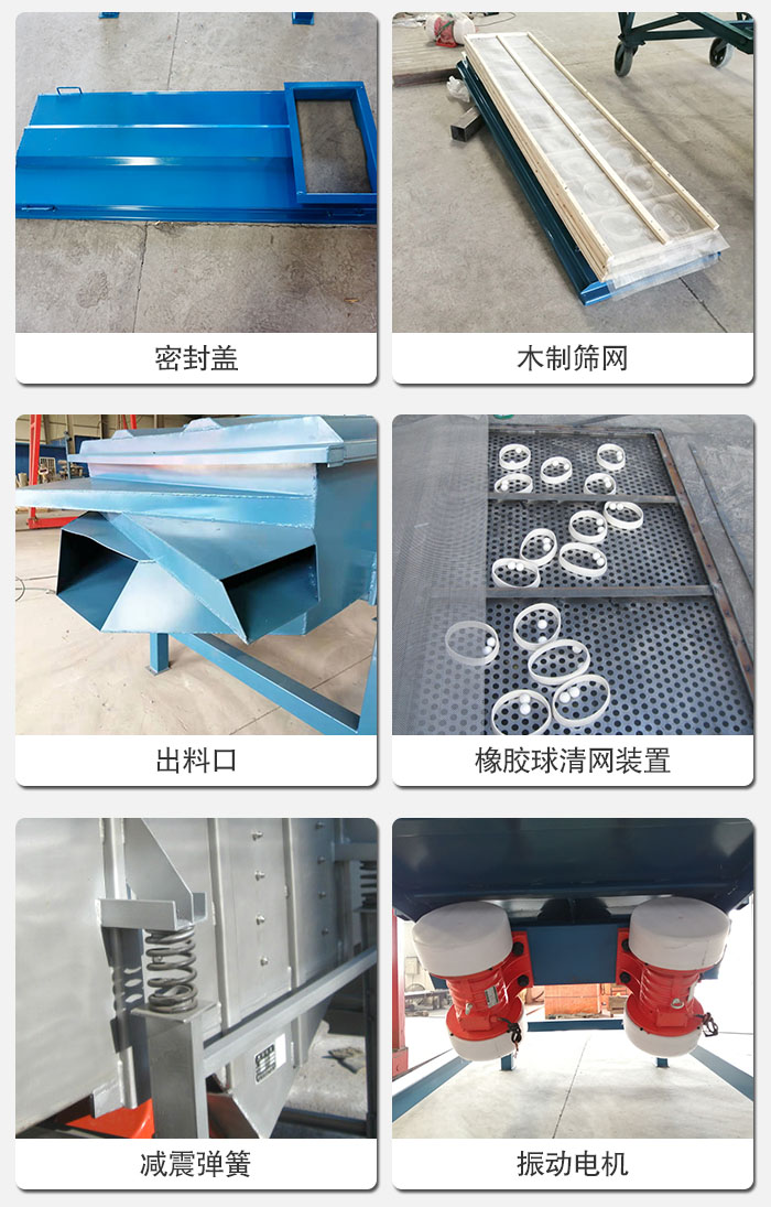 直線篩結(jié)構(gòu)展示：篩網(wǎng)，篩箱，振動(dòng)電機(jī)，振動(dòng)電機(jī)座，減震彈簧，支架等部件展示圖