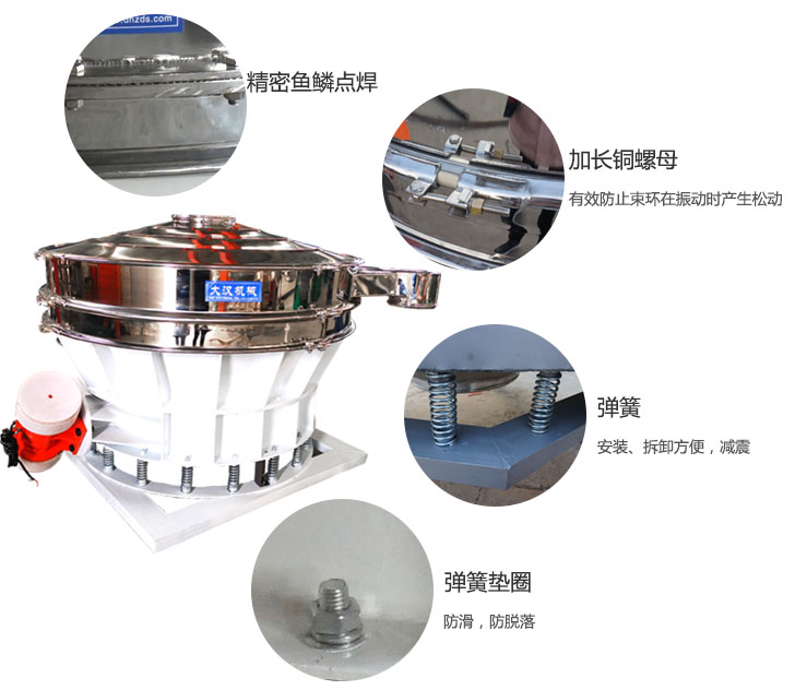 1500直排篩細(xì)節(jié)展示：彈簧，彈簧墊圈，加長銅螺母。