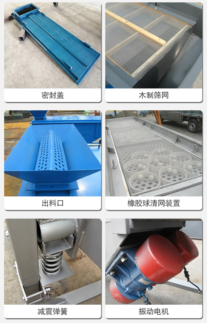 直線篩分機(jī)的結(jié)構(gòu)展示圖：篩箱是物料主要篩分設(shè)備之一，篩網(wǎng)用于篩分物料，振動(dòng)電機(jī)幫助篩網(wǎng)篩分。