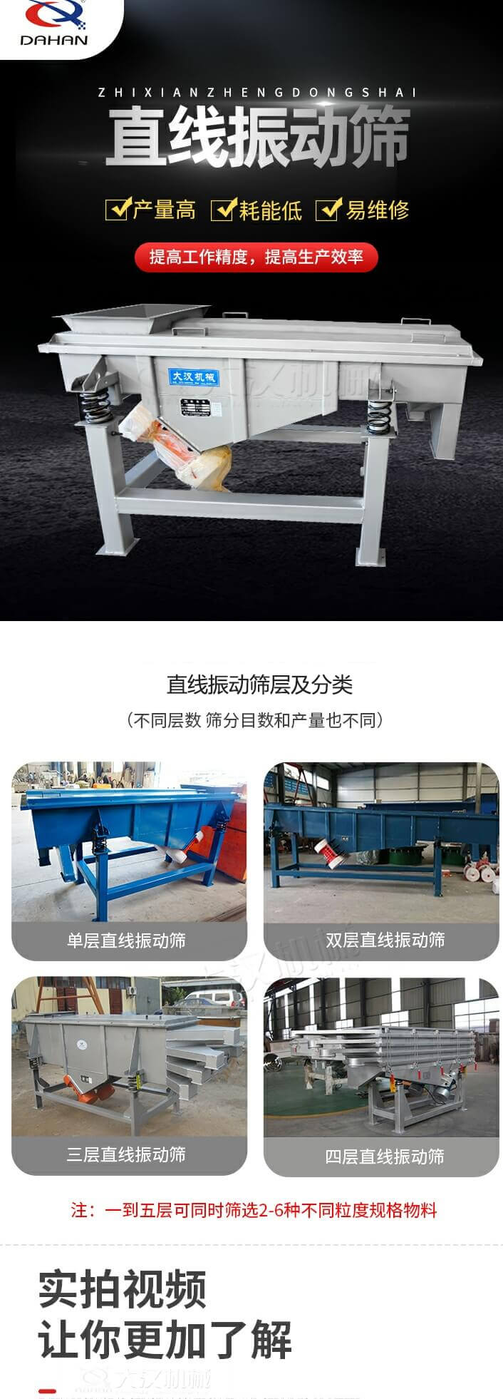 直線振動篩概述，產(chǎn)量高，耗能低，易維修，提高工作精度，提高生產(chǎn)效率，直線振動篩層級分類：不同層數(shù)，篩分目數(shù)和產(chǎn)量也不同：單層，雙層，三層，四層等。