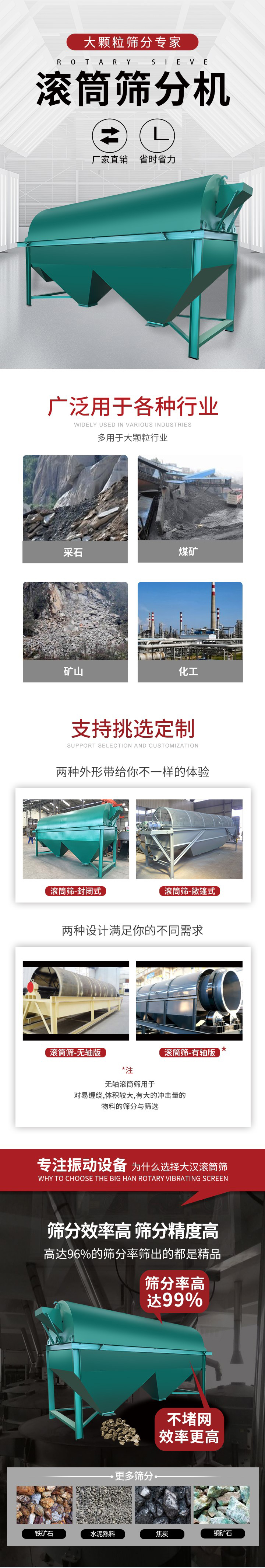 滾筒篩分機(jī)大顆粒篩分專家：廠家直銷，省時(shí)省力。滾筒篩被廣泛應(yīng)用各種行業(yè)：多用于大顆粒行業(yè)例如：采石，煤礦，礦山，化工等。滾筒篩定制類型有哪些：封閉式與敞篷式產(chǎn)品結(jié)構(gòu)分為：無軸式，有軸式兩種，無軸滾筒篩用于對(duì)纏繞，體積較大，有大的沖擊量的物料的篩分與篩選。滾筒篩篩分效率高篩分精度能夠達(dá)到：96%也比較適用于鐵礦石，水泥熟料，焦炭，銅礦石。滾筒篩特點(diǎn)：不飛粉末：密封隔離罩，密封性好，工作過程不會(huì)出現(xiàn)飛粉現(xiàn)象。外型尺寸是按筒體長(zhǎng)計(jì)
