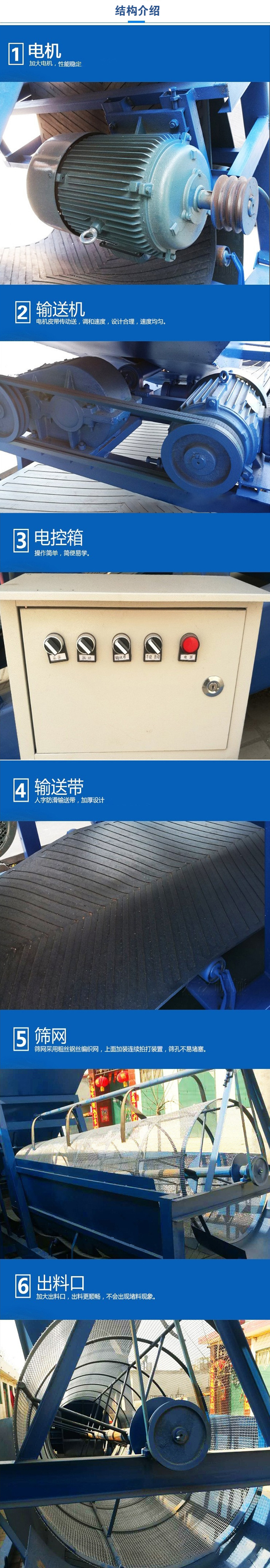 移動篩沙機結構:電機，加大電機，性能相對比較穩(wěn)定。輸送機：電機皮帶傳動送，調(diào)和速度，設計合理，速度均勻。電控箱：操作簡單，簡便易學。輸送帶：人字防滑輸送帶，加厚設計。篩網(wǎng)，采用粗絲鋼絲編織而成的篩網(wǎng)，上面加裝連續(xù)拍打裝置，篩孔不易堵塞。出料口：加大出料口，出料更順暢，不會出現(xiàn)堵料現(xiàn)象。