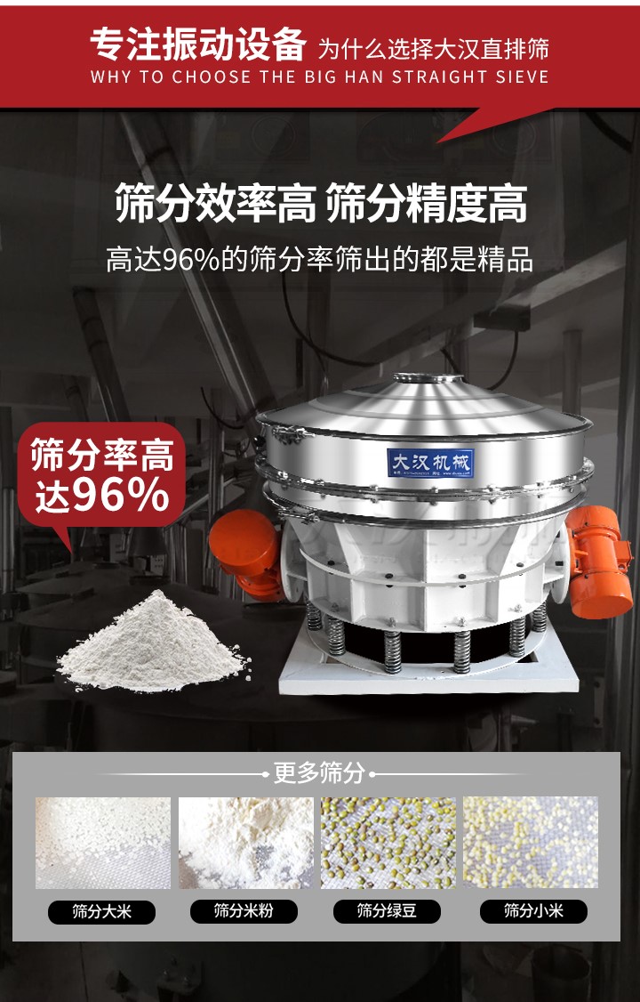 直排篩適用物料有面粉，淀粉，洗衣粉，金屬粉，添加劑，化工，非礦等行業(yè)。
