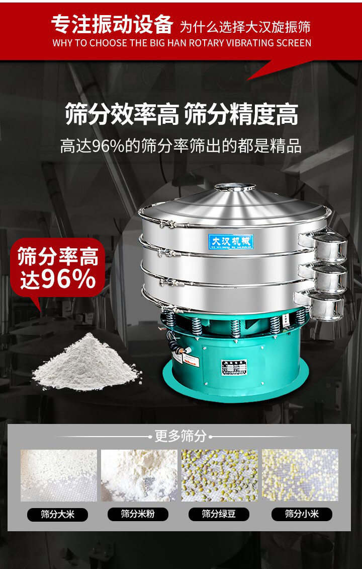 旋振篩結(jié)構：進料口，網(wǎng)架，防塵蓋，出料口，加重塊，束環(huán)，上部重錘，彈簧，下部重錘等。