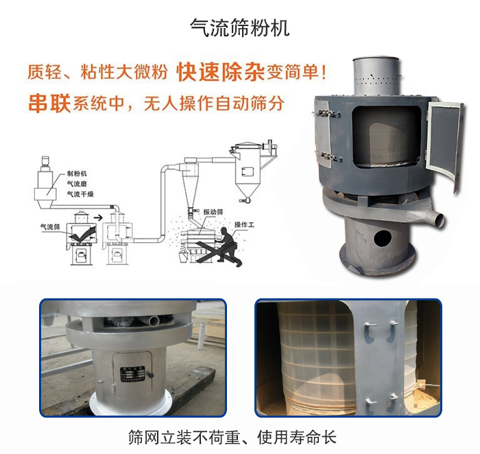 氣流篩粉機適用：質(zhì)輕，粘性大微粉采用串聯(lián)系統(tǒng)重，無人操作自動篩分 特點：篩網(wǎng)立裝不負重，使用壽命長。