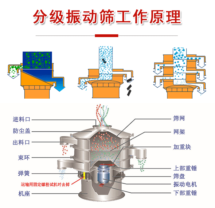 分級振動篩內(nèi)部結(jié)構(gòu)：進(jìn)料口，防塵蓋，出料口，束環(huán)，彈簧，機座，篩網(wǎng)，網(wǎng)架，上部重錘，振動電機，下部重錘。