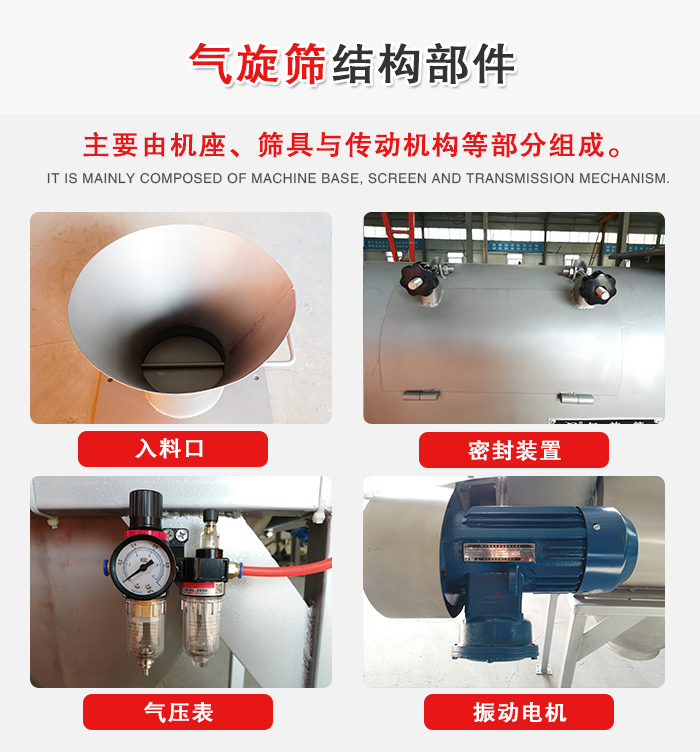 氣旋篩結(jié)構(gòu)：入料口，密封裝置，電機(jī)，氣壓表等