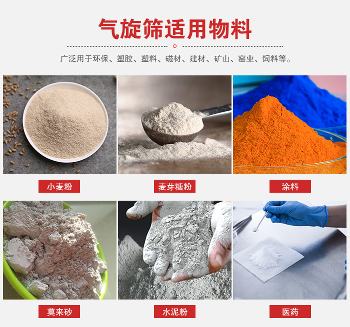 氣旋篩適用物料：小麥粉，麥芽糖粉，涂料，等粉狀物料。