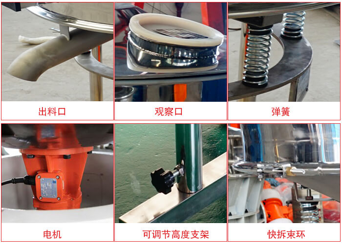 高頻篩細(xì)節(jié)展示：出料口，觀察口，彈簧，電機(jī)，可調(diào)節(jié)高度支架，快拆束環(huán)。
